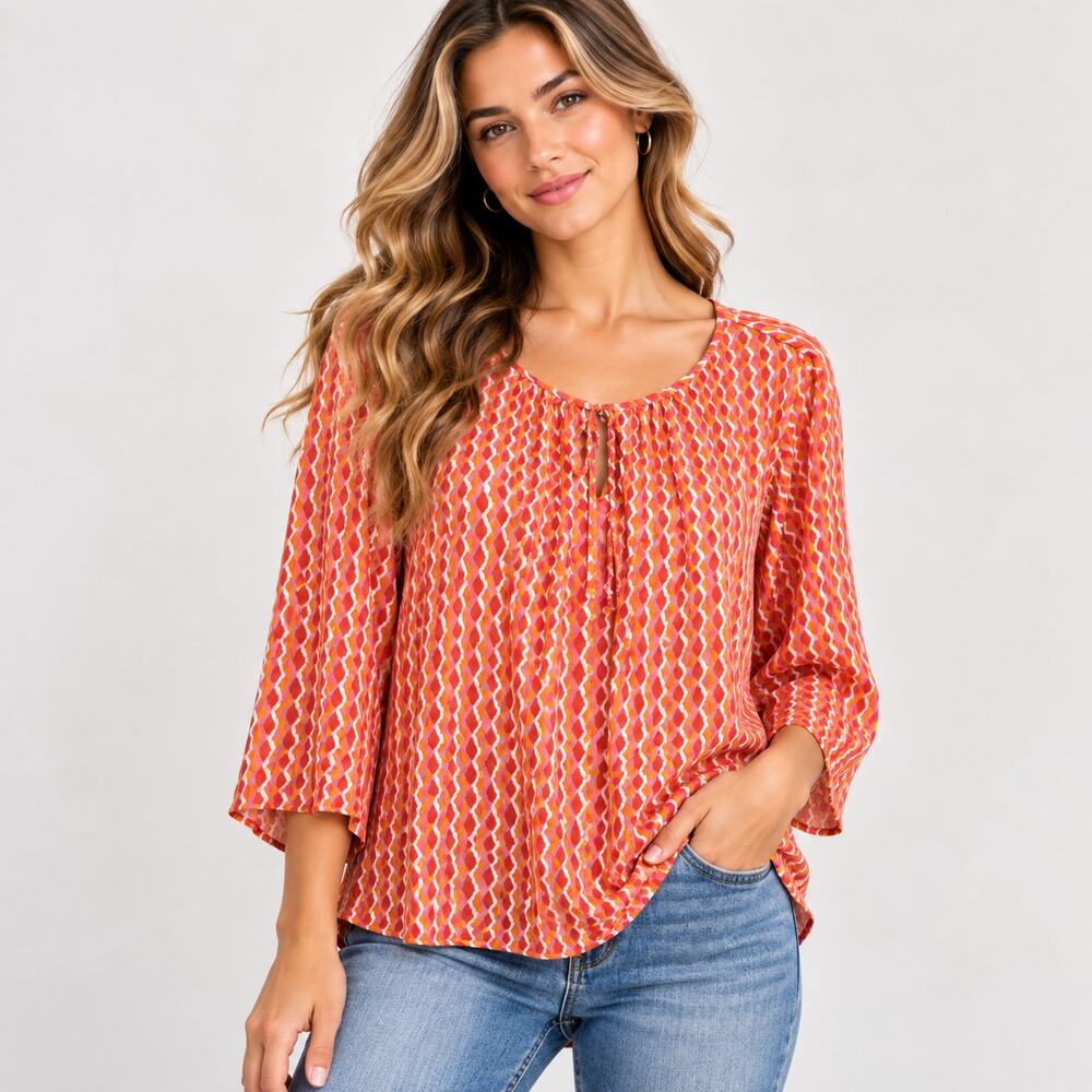 Susan Graver Liquid Knit Blouse Women's Size 2X Orange/Pink 1/4 Gold Zip *Flaw